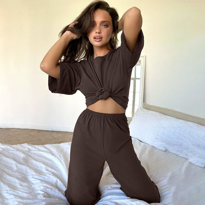Women's Knitted Half Sleeve Shirt Trousers Pajamas